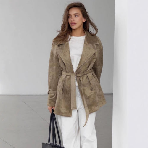 Damen Modische Suede-Jacke mit Gürtel und doppelter Knopfreihe Drune