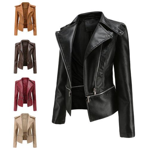 Damen nan taillierte Kunstleder-Bikerjacke mit asymmetrischem Reverskragen Drune