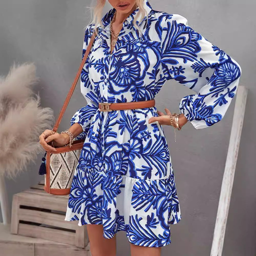 Damen lässiges Hemdkleid mit voluminösen Ärmeln und durchgehendem Knopfverschluss Drune