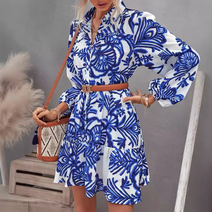 Damen lässiges Hemdkleid mit voluminösen Ärmeln und durchgehendem Knopfverschluss Drune