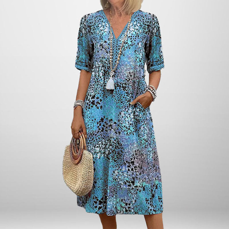 Damen Tunika-Kleid mit auffälligem Muster und modernem V-Ausschnitt Drune
