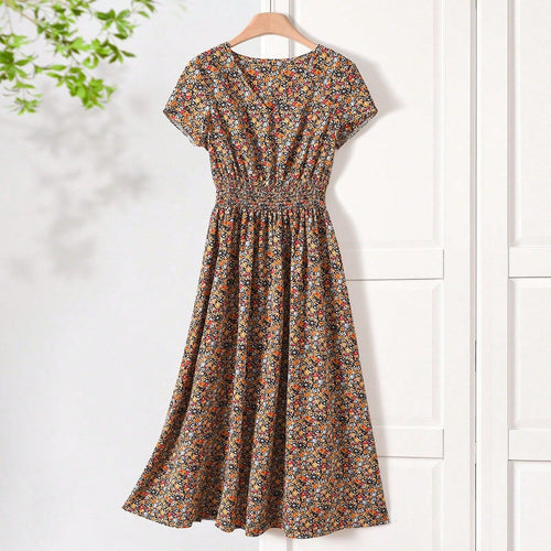 Damen Sommerliches Midikleid mit elastischem Bund und floralen Mustern Drune