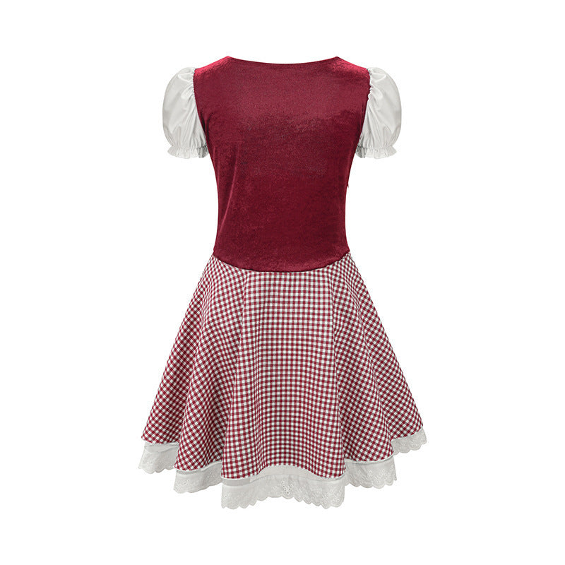 Damen nan Trachtenkleid im Vichy-Stil mit Puffärmeln, Schnürkorsett und Spitzenschürze Drune