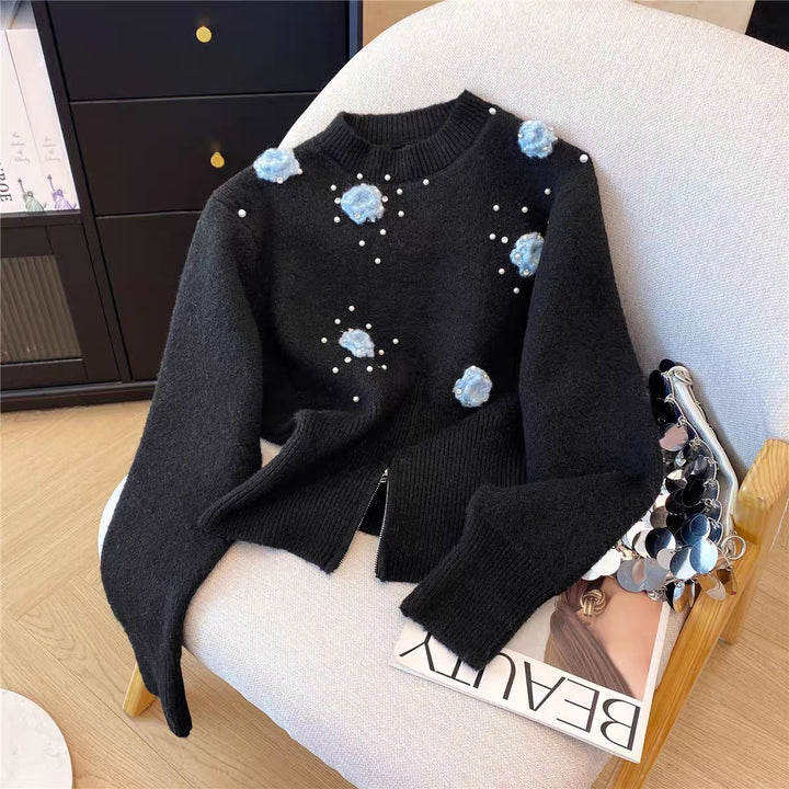 Damen Pullover mit strukturiertem Blumendesign und Perlenverzierungen Drune