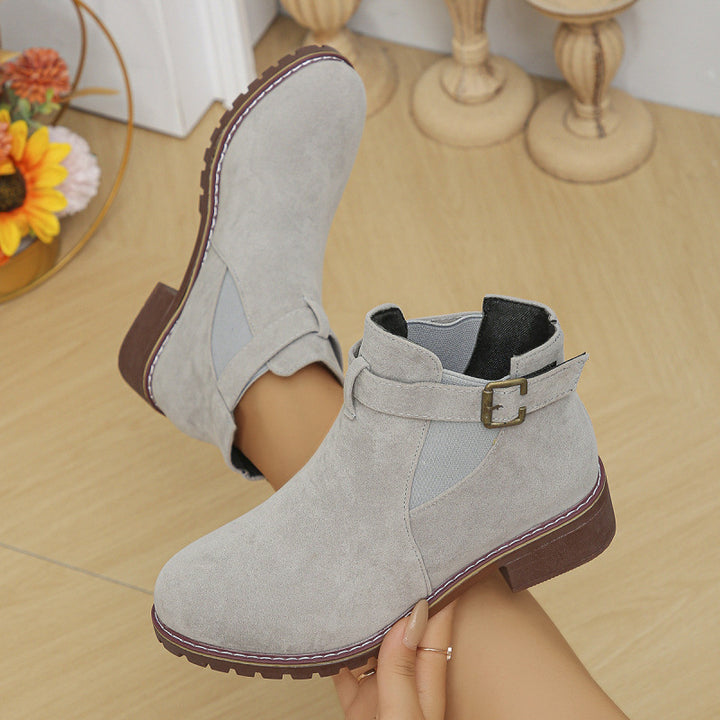 Damen kurze Ankle-Boots im Vintage-Velours-Look mit Schnallenriemen und profilierter Gummisohle Drune