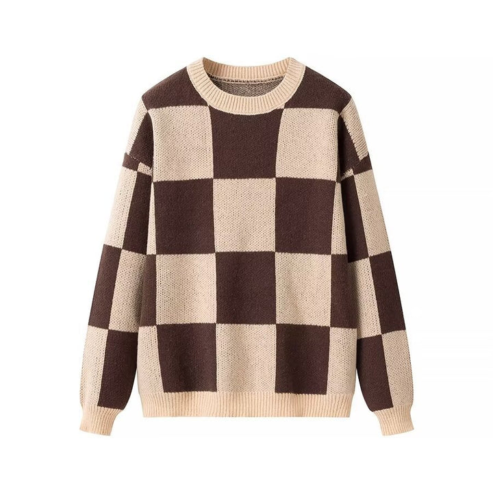 Damen modischer Pullover mit grafischem Karomuster und Rundhalsausschnitt Drune