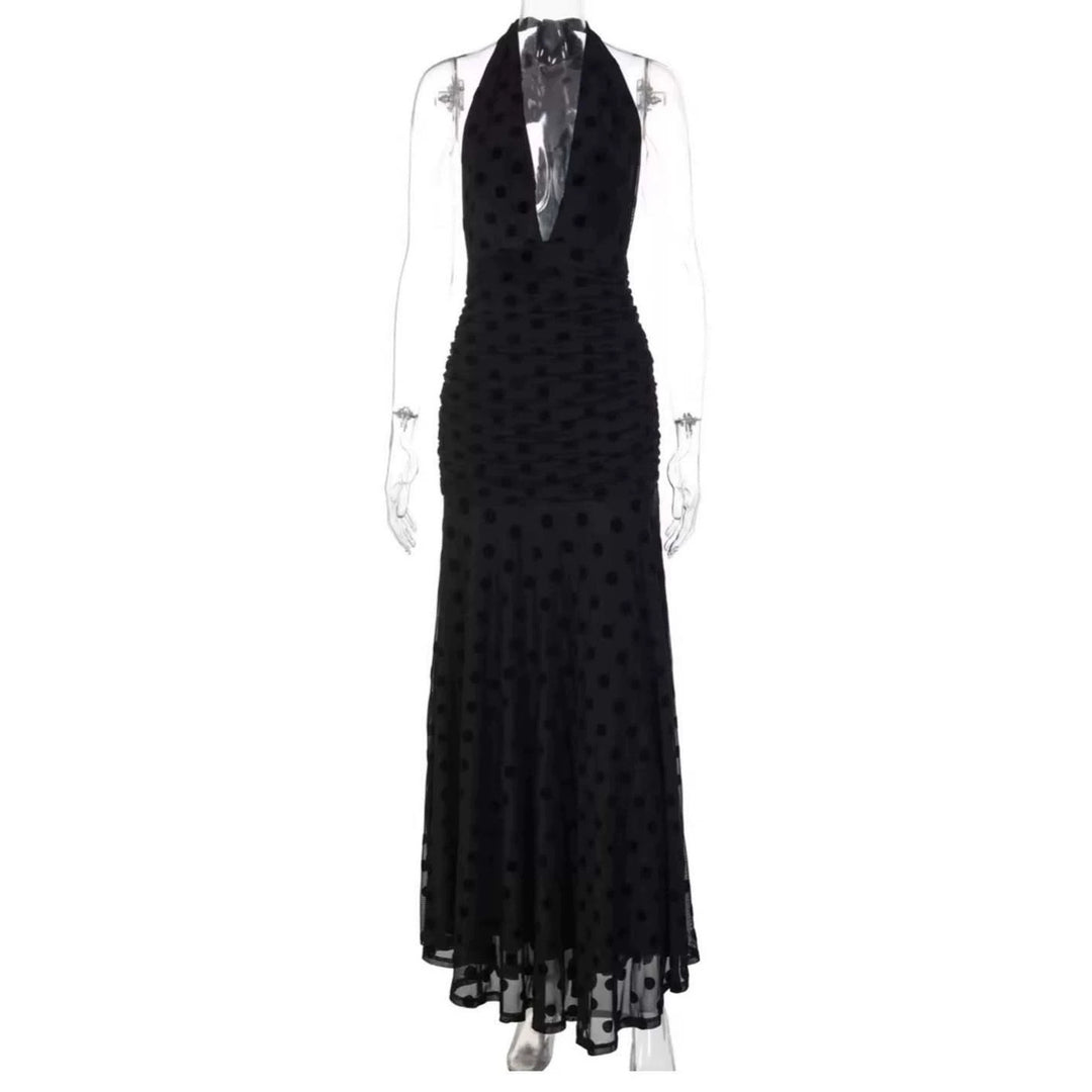 Damen Elegantes Maxikleid mit tiefem V-Ausschnitt und filigranen Rüschen Drune