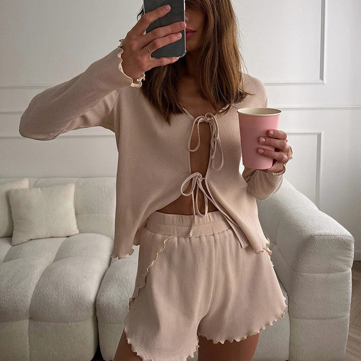 Damen lässiges Strick-Set mit knöpfbarem Cardigan und Shorts Drune