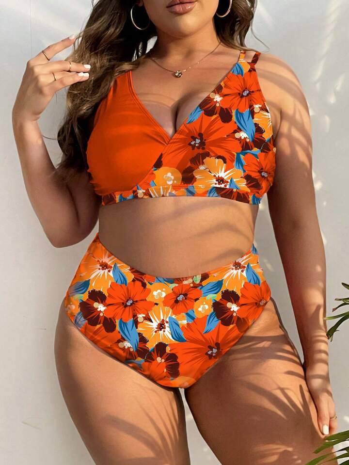 Damen Hochgeschnittener Bikini mit Wickeldesign und floralem Muster Drune