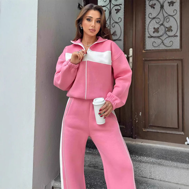 Damen Sportlicher Fleece-Loungewear-Anzug mit Reißverschluss Drune