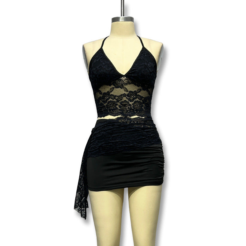 Damen Spitzen-Crop-Top mit Wickeldesign und angeschnittenem Unterrock Drune