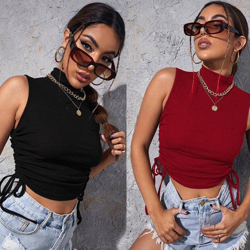 Damen figurbetontes Trägershirt mit raffiniertem Schnürdesign und hohem Kragen Drune