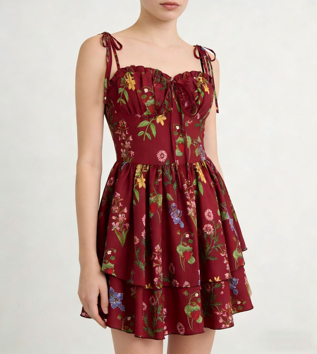 Damen Minikleid mit Blumenmuster und bordeauxfarbenem Unterrock Drune