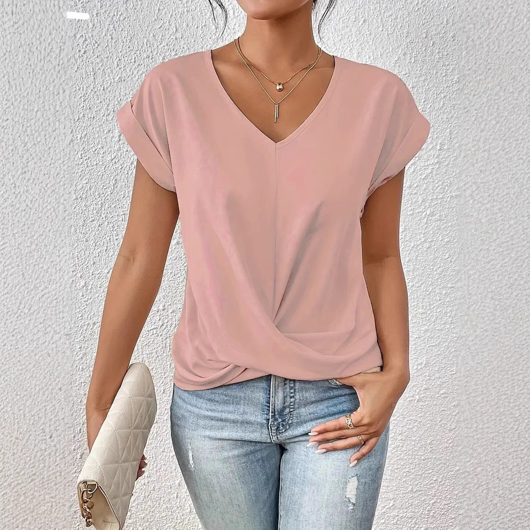 Damen elegante V-Ausschnitt Bluse mit lässiger Drapierung Drune
