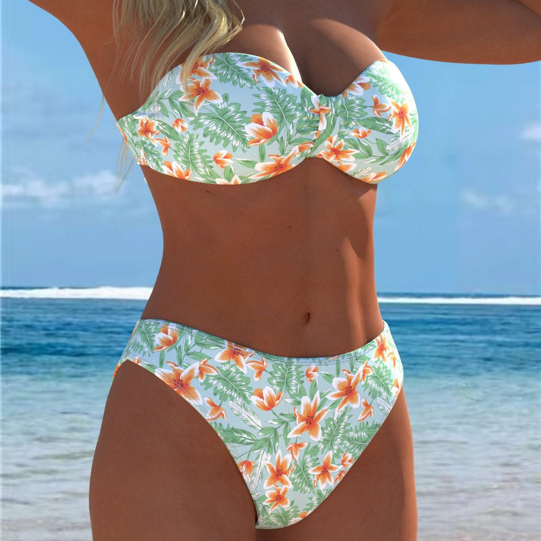 Damen Bandeau-Bikini mit einzigartigem Federmuster und hohem Taillenschnitt Drune