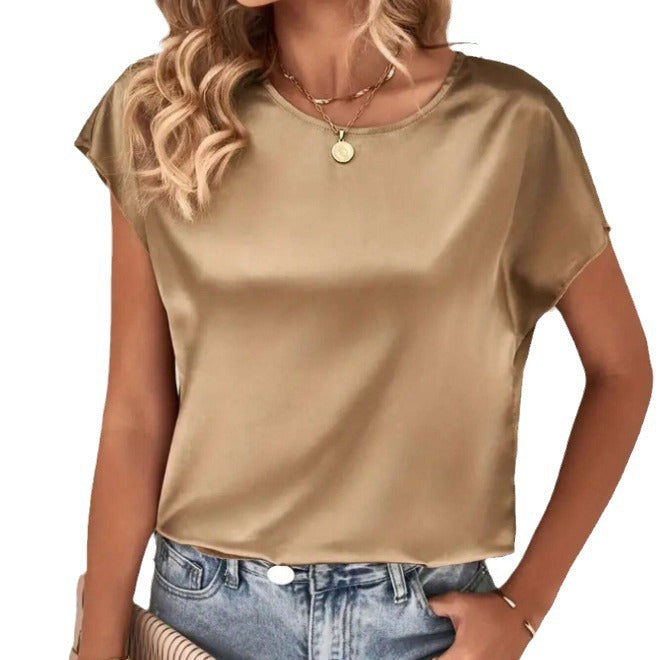 Damen Elegantes Satinoberteil mit lässigem Schnitt und kurzen Ärmeln Drune