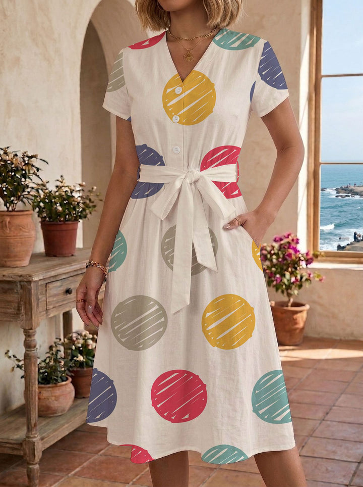 Damen lässiges Maxikleid mit taillierbarem Knoten und dekorativem Karomuster Drune