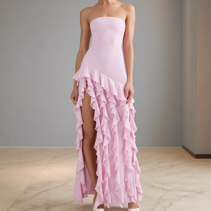 Damen Elegantes und asymmetrisches Abendkleid mit Rüschendetails Drune