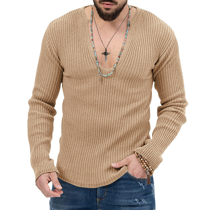 Herren elegantes Langarmshirt mit tiefem V-Ausschnitt und strukturiertem Gewebe Drune