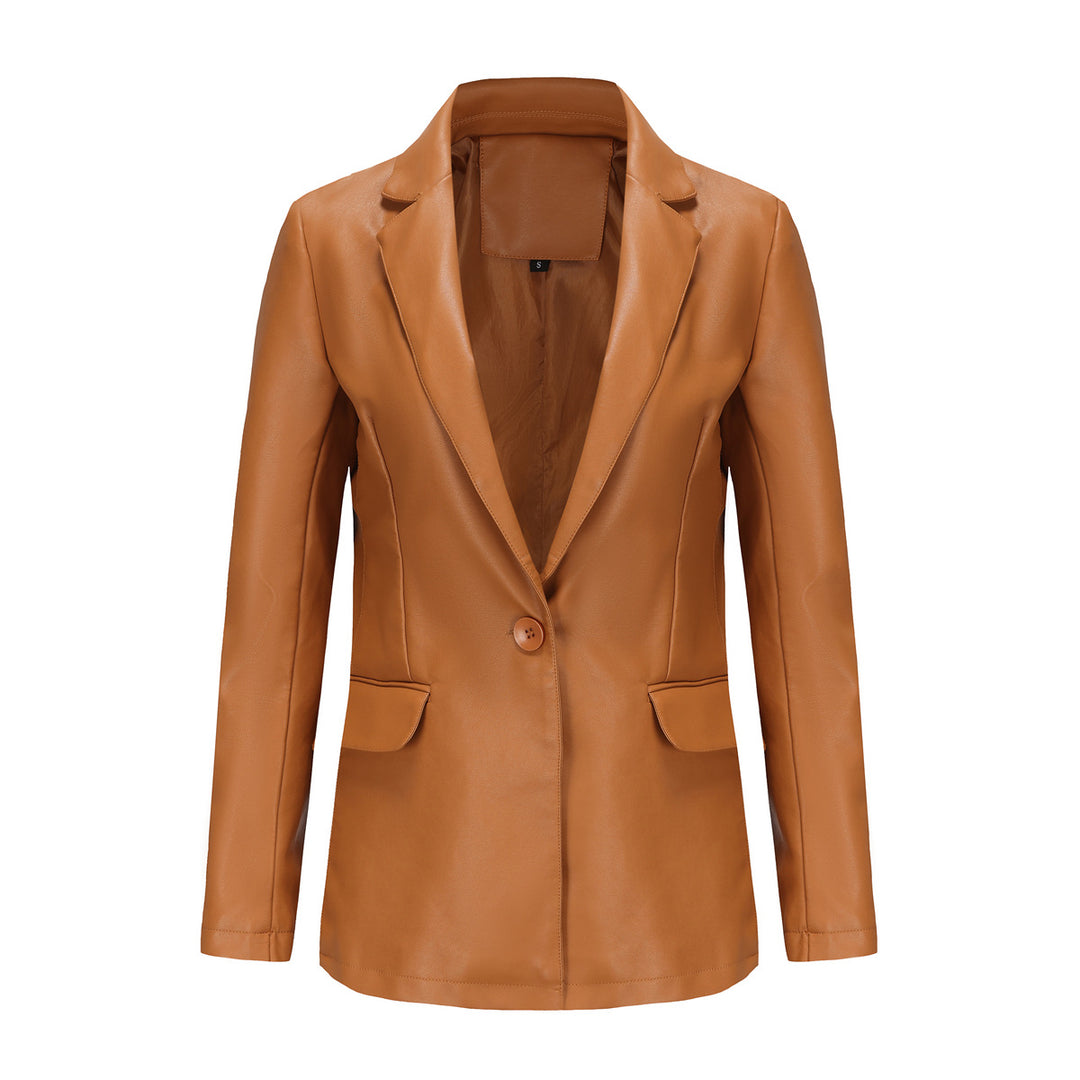 Damen nan taillierter Blazer aus Kunstleder mit Reverskragen und Pattentaschen Drune