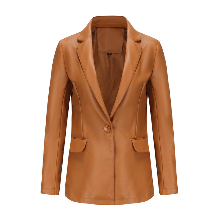 Damen nan taillierter Blazer aus Kunstleder mit Reverskragen und Pattentaschen Drune