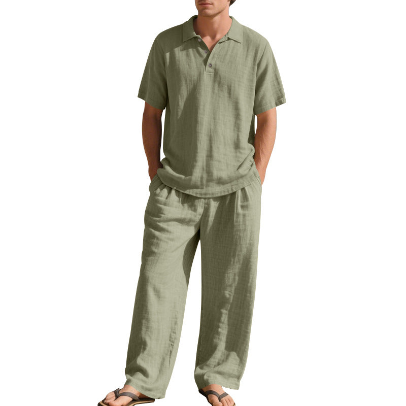 Herren nan luftiges Leinen-Ensemble mit Polokragen und regulierbarer Bundhose Drune