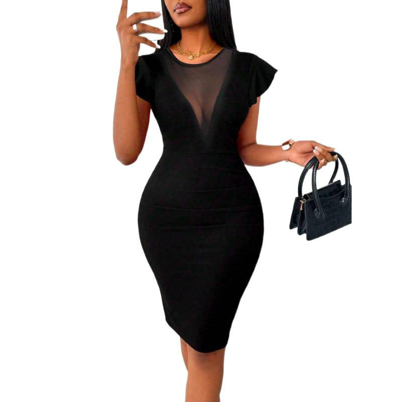 Damen Etuikleid mit transparentem Dekolleté und Rüschendetails Drune
