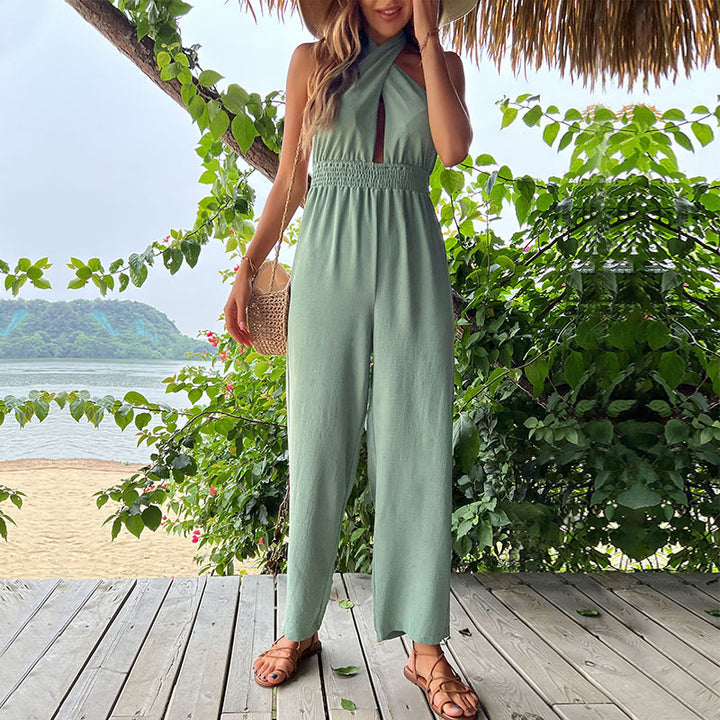 Damen lässiger Jumpsuit mit raffiniertem Schulterdesign und elastischem Taillengürtel Drune