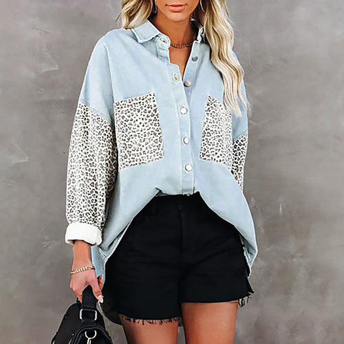 Damen Modische Hemdbluse mit Leopardenmustern und oversized Schnitt Drune