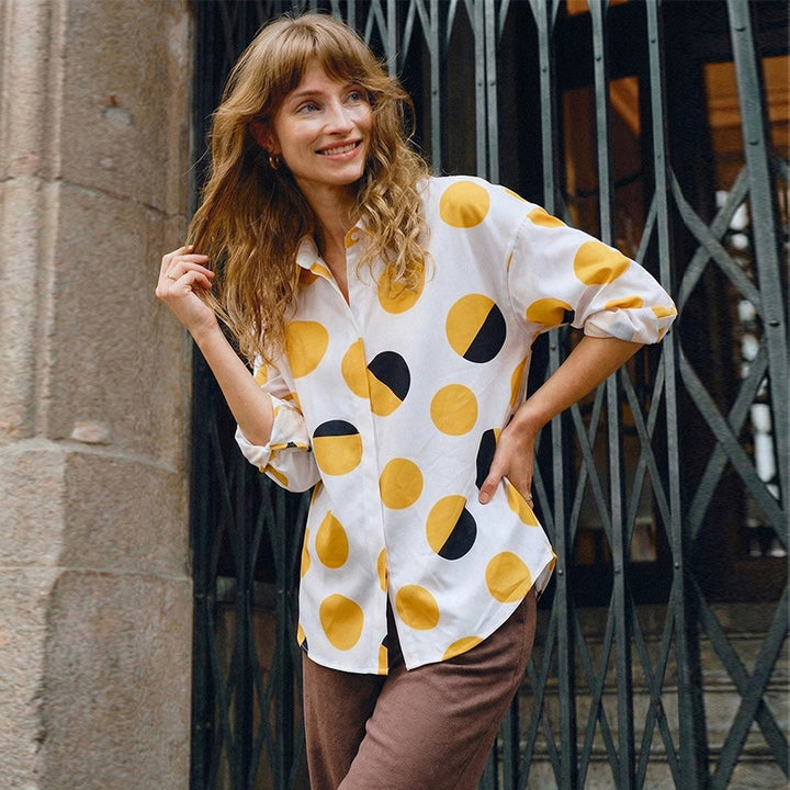 Damen elegante Bluse mit auffälligem Punkte-Design und klassischen Ärmel Drune