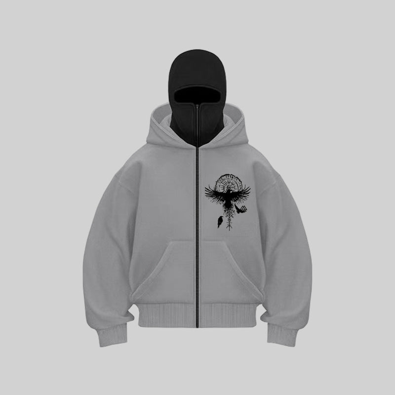 Damen Kapuzenjacke mit einzigartigem Tribal-Druck und hohem Kragen Drune