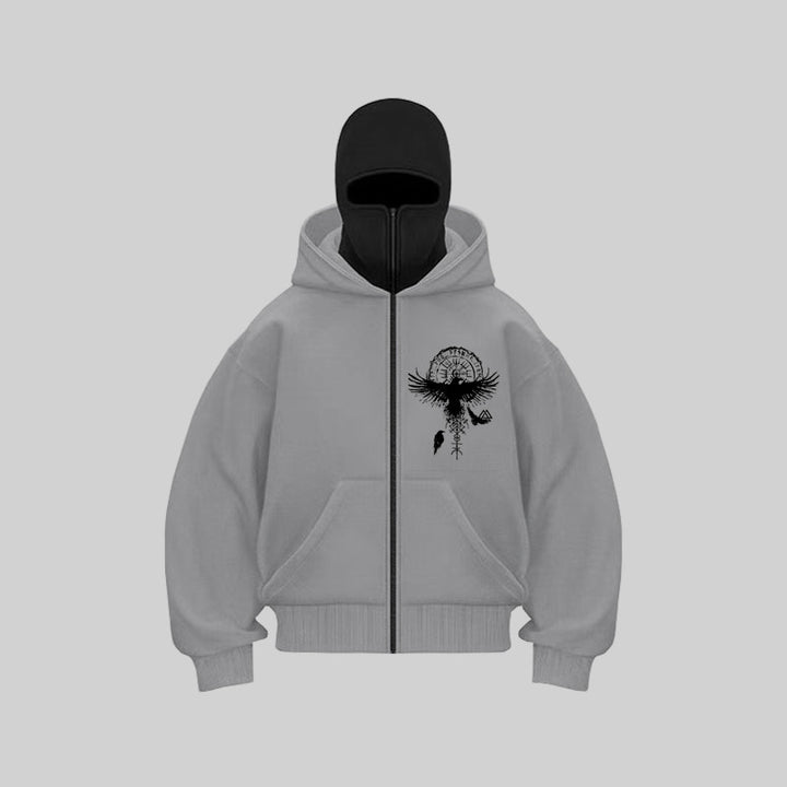 Damen Kapuzenjacke mit einzigartigem Tribal-Druck und hohem Kragen Drune