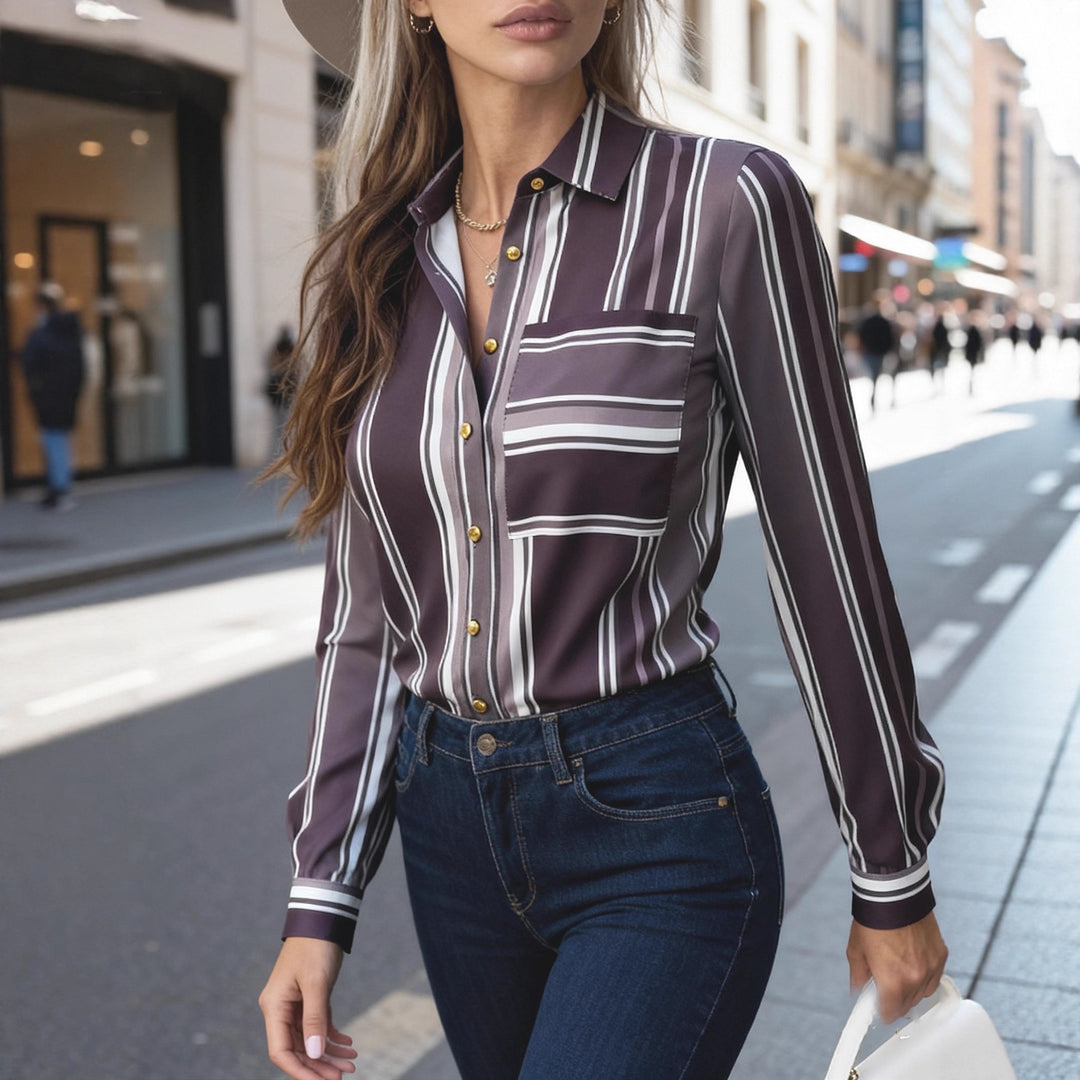 Damen Elegante schicke Bluse mit feinen Streifen und klassischem Kragen Drune