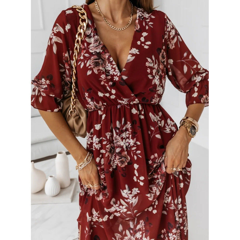 Damen elegantes Maxikleid mit animalischen Mustern und modischem Schlitz Drune