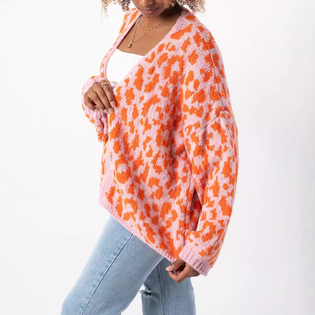 Damen grob gestrickter Cardigan mit stilvollem Leopardenmuster und bequemen Oversize-Details Drune