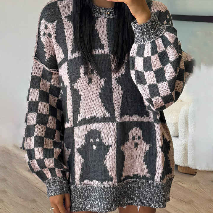 Damen Grobstrickpullover mit modernem Geistermotiv und lässigem Schnitt Drune
