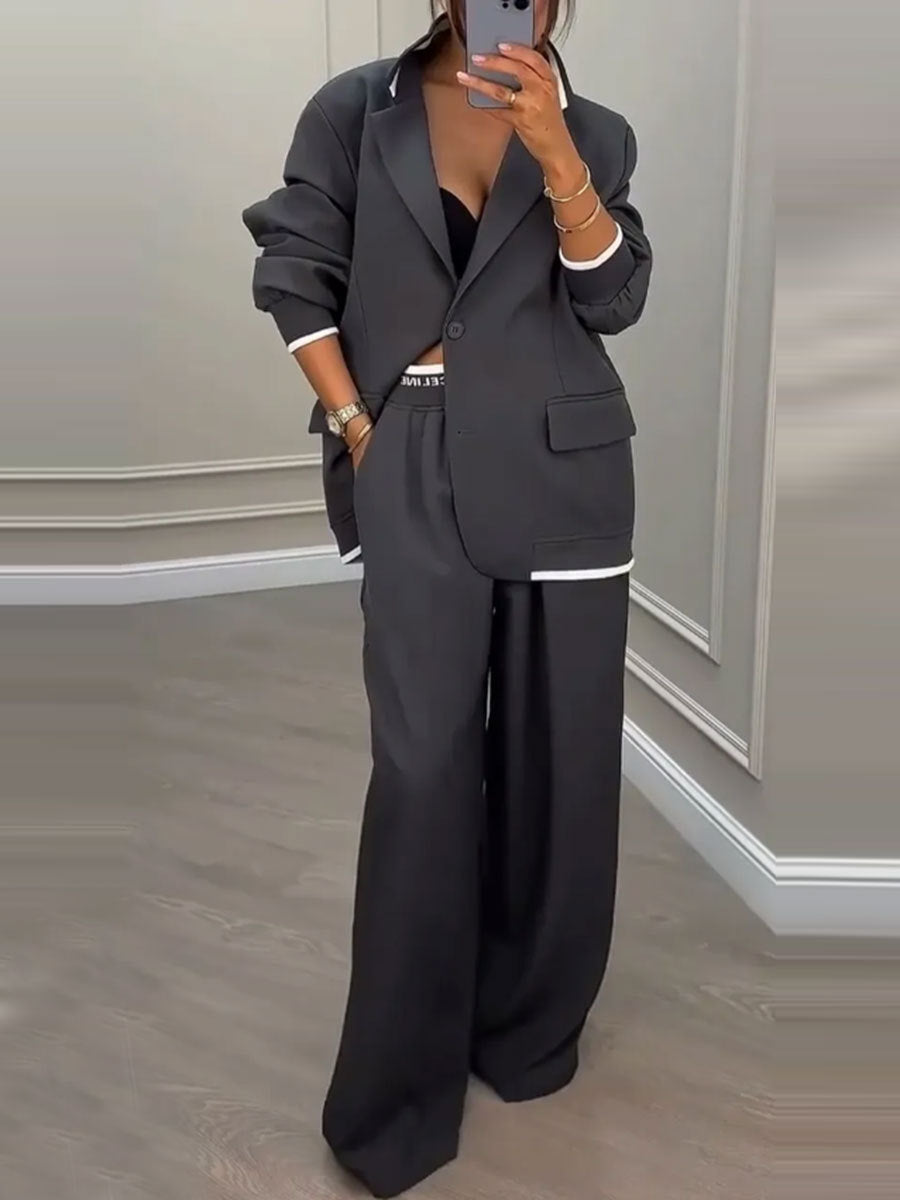 Damen elegantes Zweiteiler-Set mit oversized Blazer und weiter Hose Drune