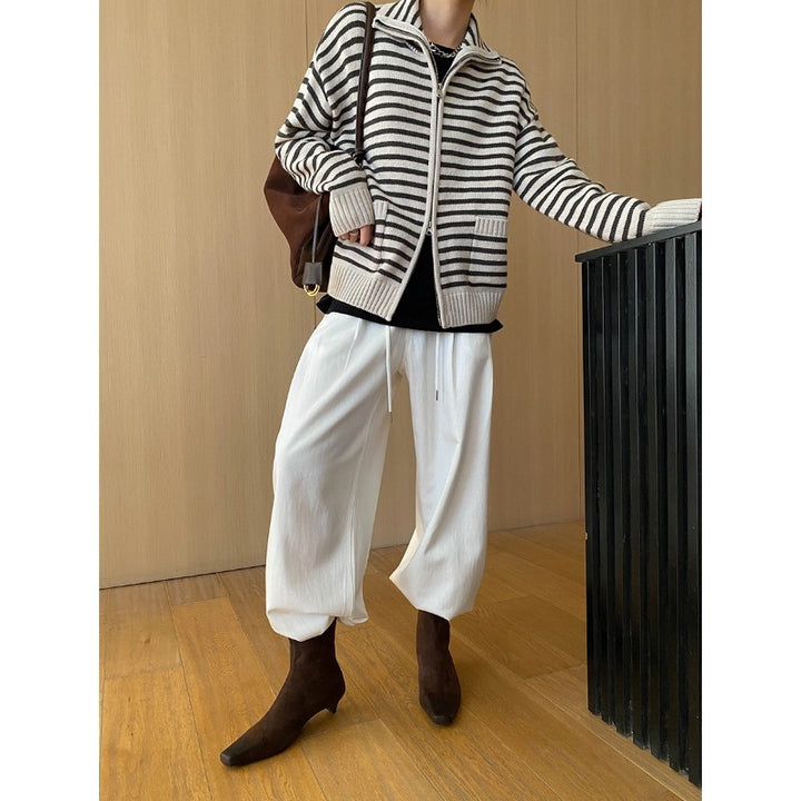 Damen lässige Strickjacke mit gestreiftem Design und hoher Kragen Drune
