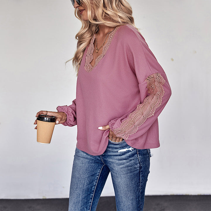 Damen Bluse mit Spitzenakzenten und lässigem V-Ausschnitt Drune
