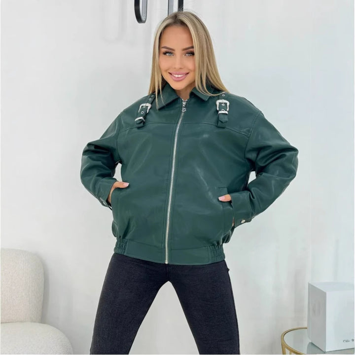 Damen modische Kunstlederjacke im lässigen Stil mit dekorativen Details Drune