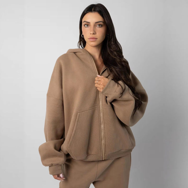 Damen sportliches Fleece-Hoodie-Set mit Reißverschluss und weiten Hosen Drune