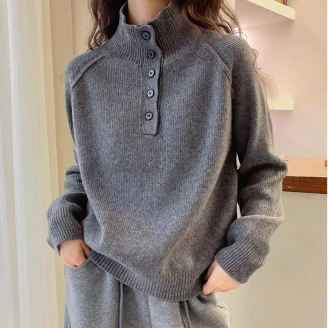 Damen Komfortabler Strickpullover mit Knopfleiste Drune