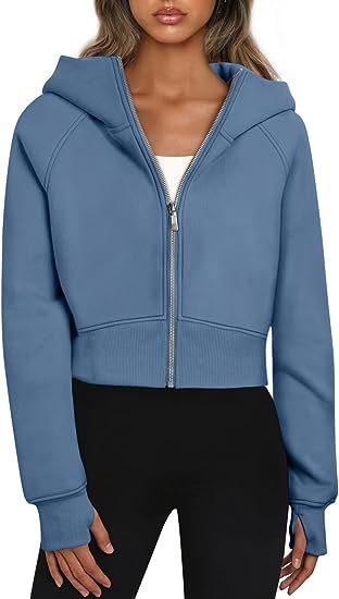Damen Cropped Sweatjacke mit Reißverschluss und Kapuze Drune