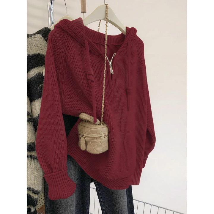 Damen Oversized Strickpullover mit Kapuze und praktischen Reißverschlusstaschen Drune