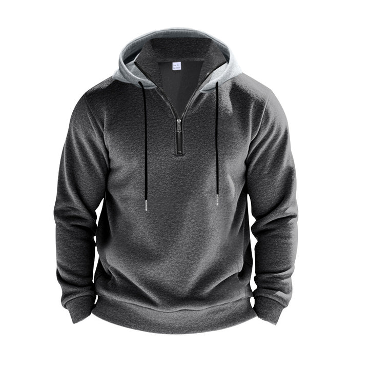 Herren nan sportives Kapuzen-Sweatshirt mit kurzem Frontreißverschluss, kontrastgefütterter Kapuze und elastischen Rippbündchen Drune