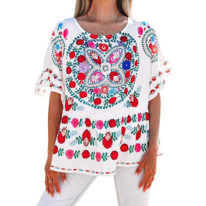 Damen besticktes Blusentop mit voluminösen Ärmeln und floralen Motiven Drune
