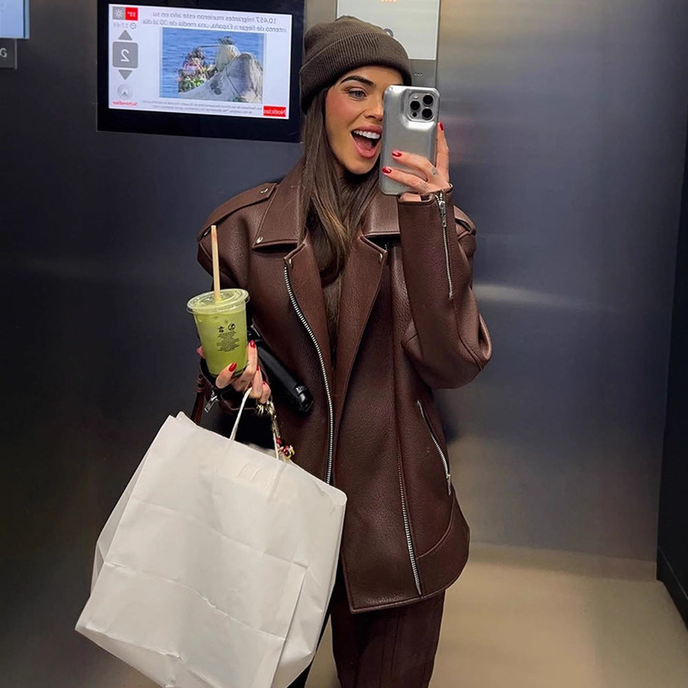 Damen Kunstleder Bikerjacke mit erhöhtem Kragen und elegantem Schnitt Drune