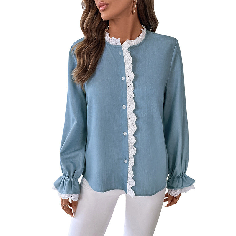 Damen elegante Bluse mit Rüschen und Knopfdetail Drune