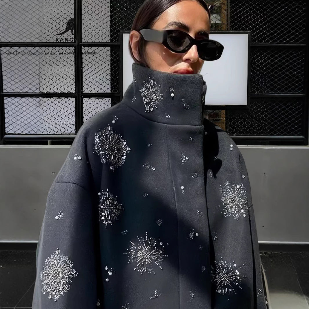 Damen Modische Oversized-Jacke mit funkelnden Applikationen Drune