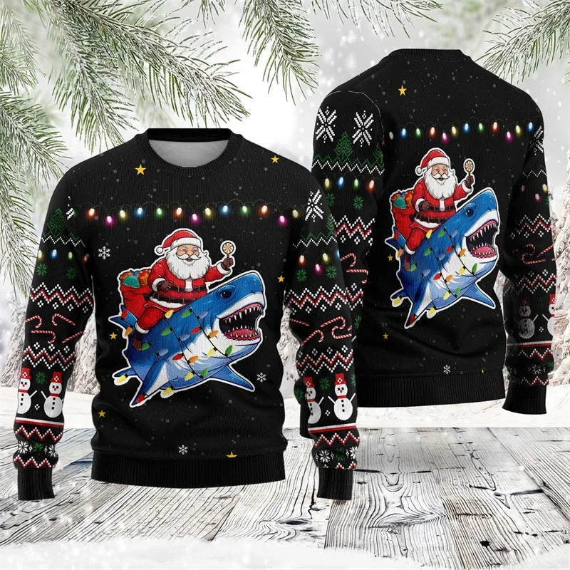 Drune | Buntes Santa Claus Cartoon Druck - Schwarzer Feiertags-Icon Pullover